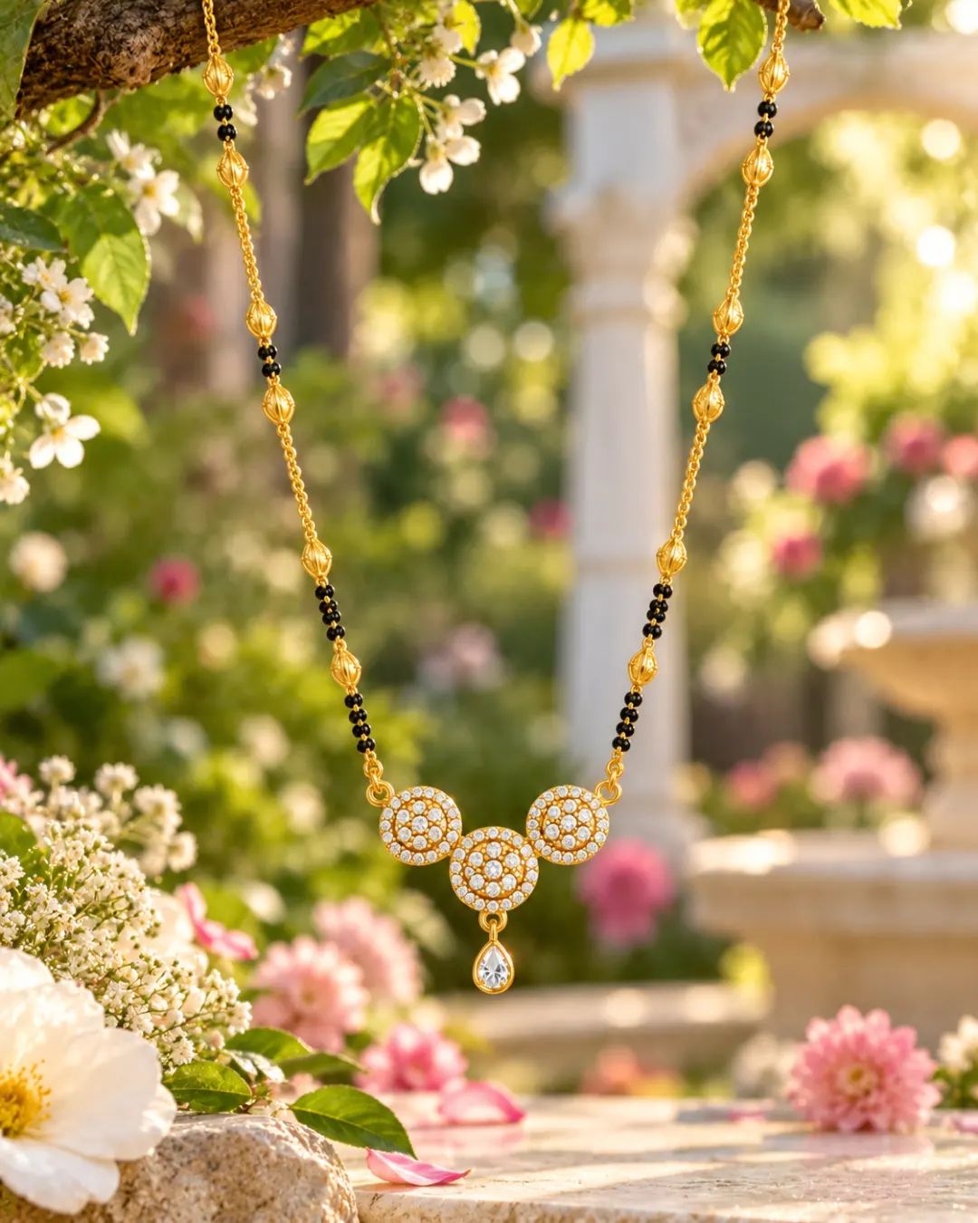 GOLD  PLATED BLACK BEADS TRIPLE FLORAL MANGALSUTRA