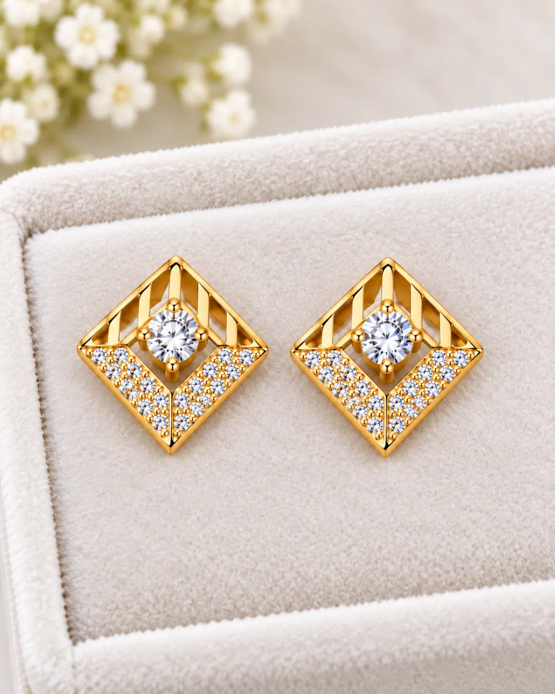GOLDEN DAIMOND GEOMETRIC SPARKLE STUD EARRINGS