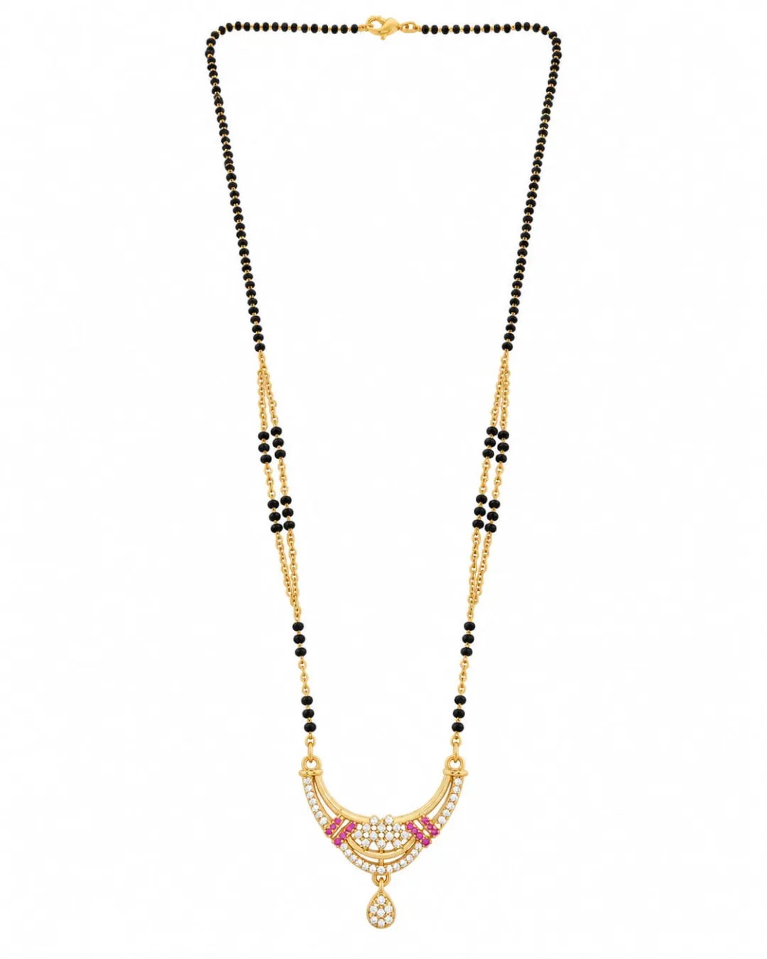 GOLD PLATED  BLACK BEADS MANGALSUTRA  WITH RUBY &  AD STONE CRESCENT PENDANT.