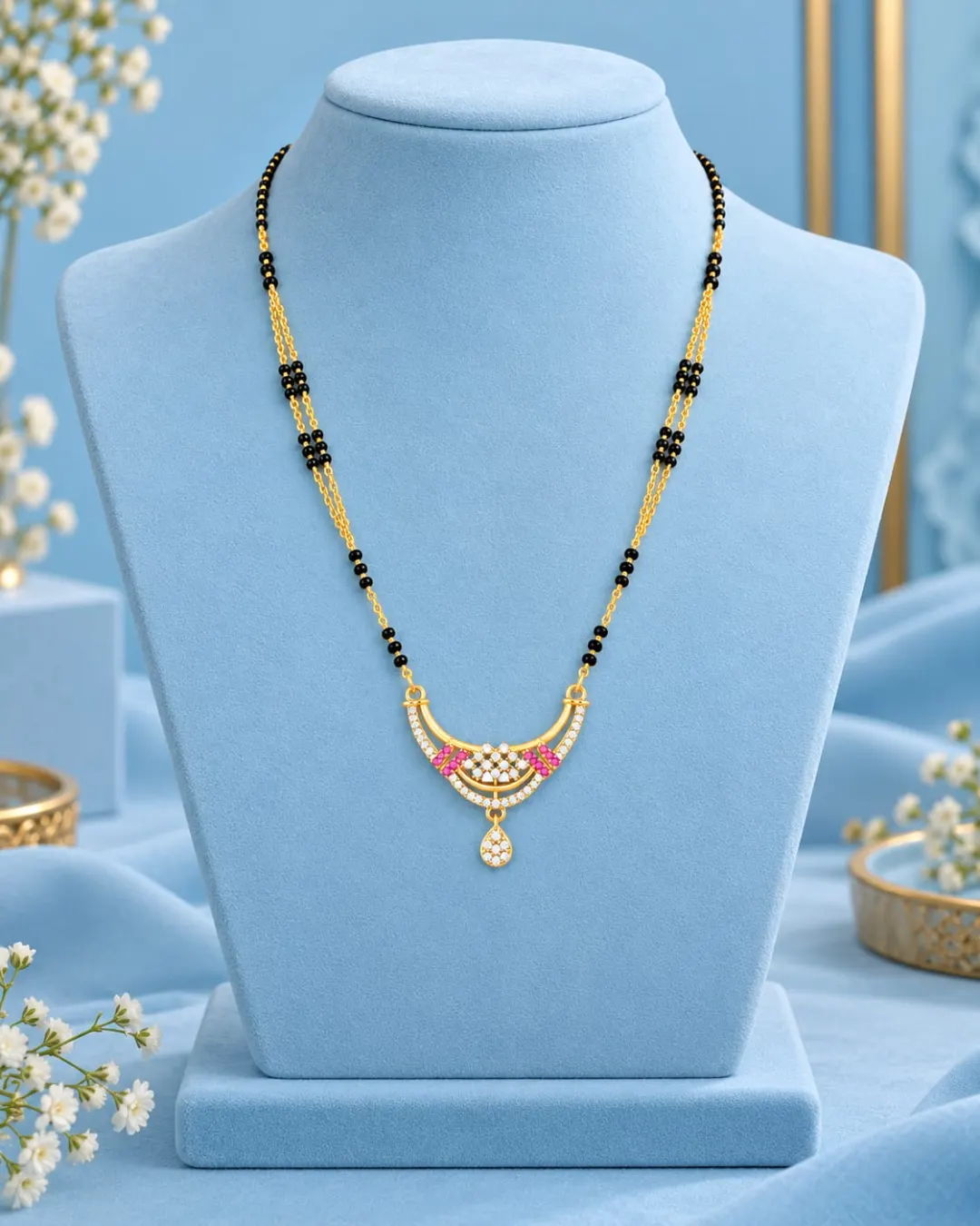 GOLD PLATED  BLACK BEADS MANGALSUTRA  WITH RUBY &  AD STONE CRESCENT PENDANT.
