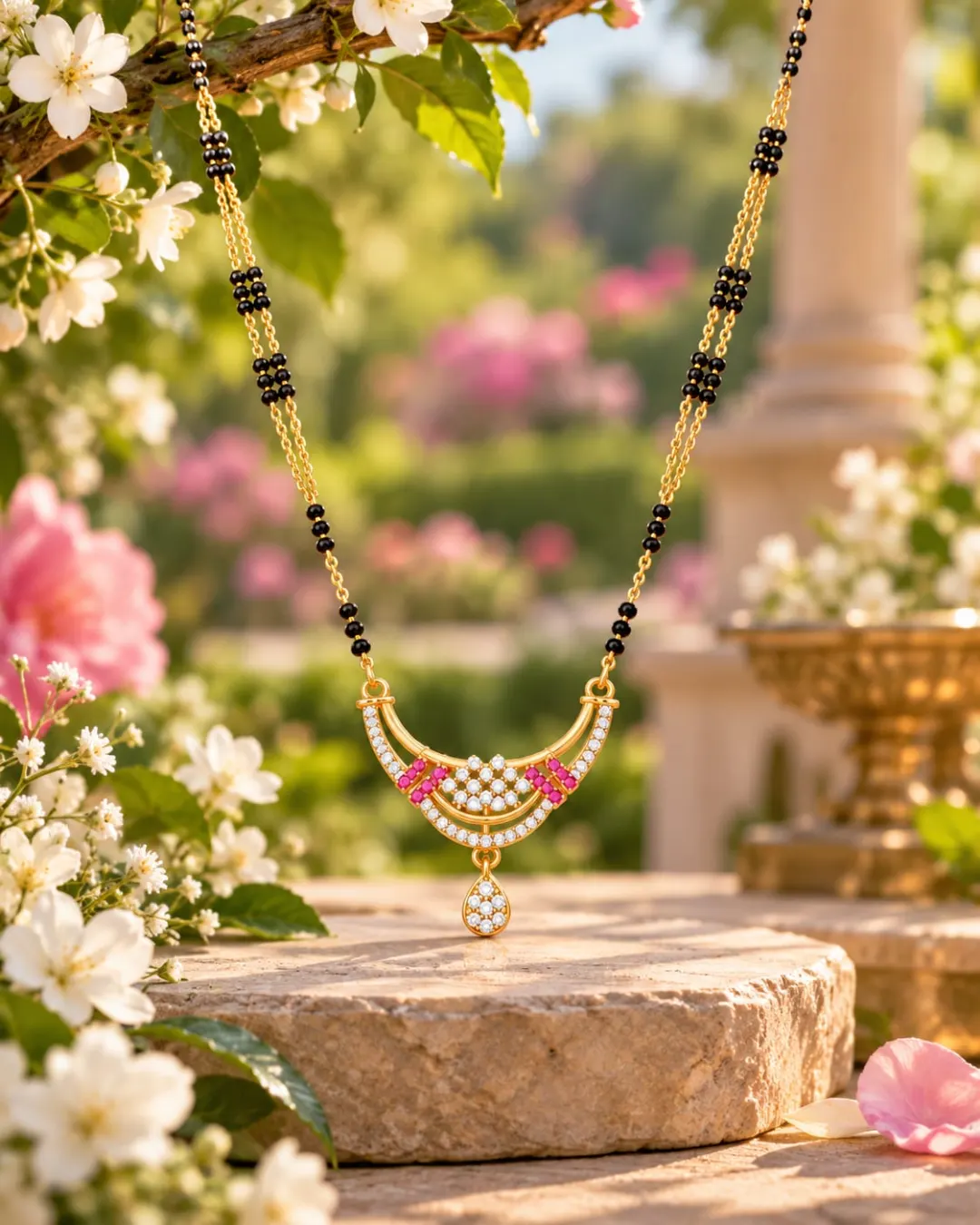 GOLD PLATED  BLACK BEADS MANGALSUTRA  WITH RUBY &  AD STONE CRESCENT PENDANT.