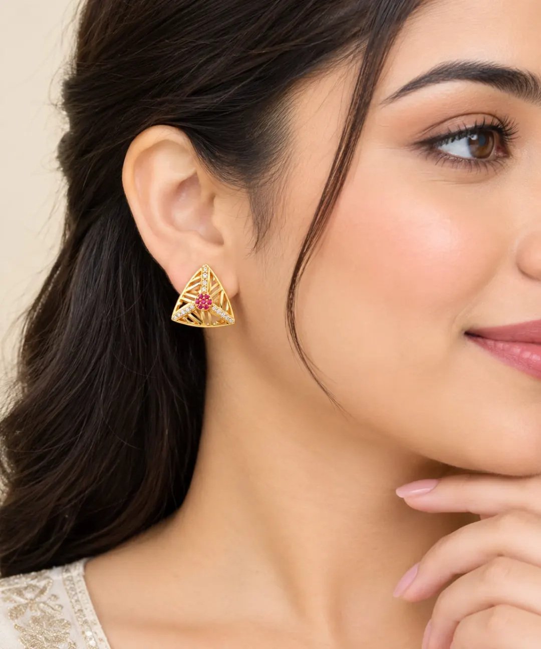 GOLDEN RUBY TRIANGLE SPARKLE STUD EARRINGS
