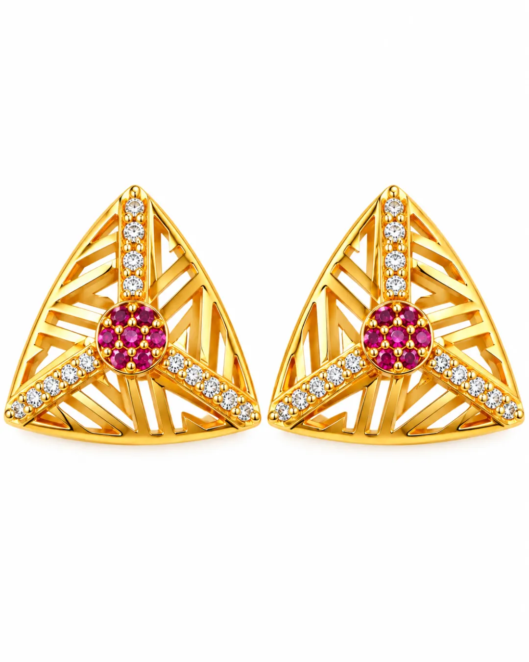 GOLDEN RUBY TRIANGLE SPARKLE STUD EARRINGS