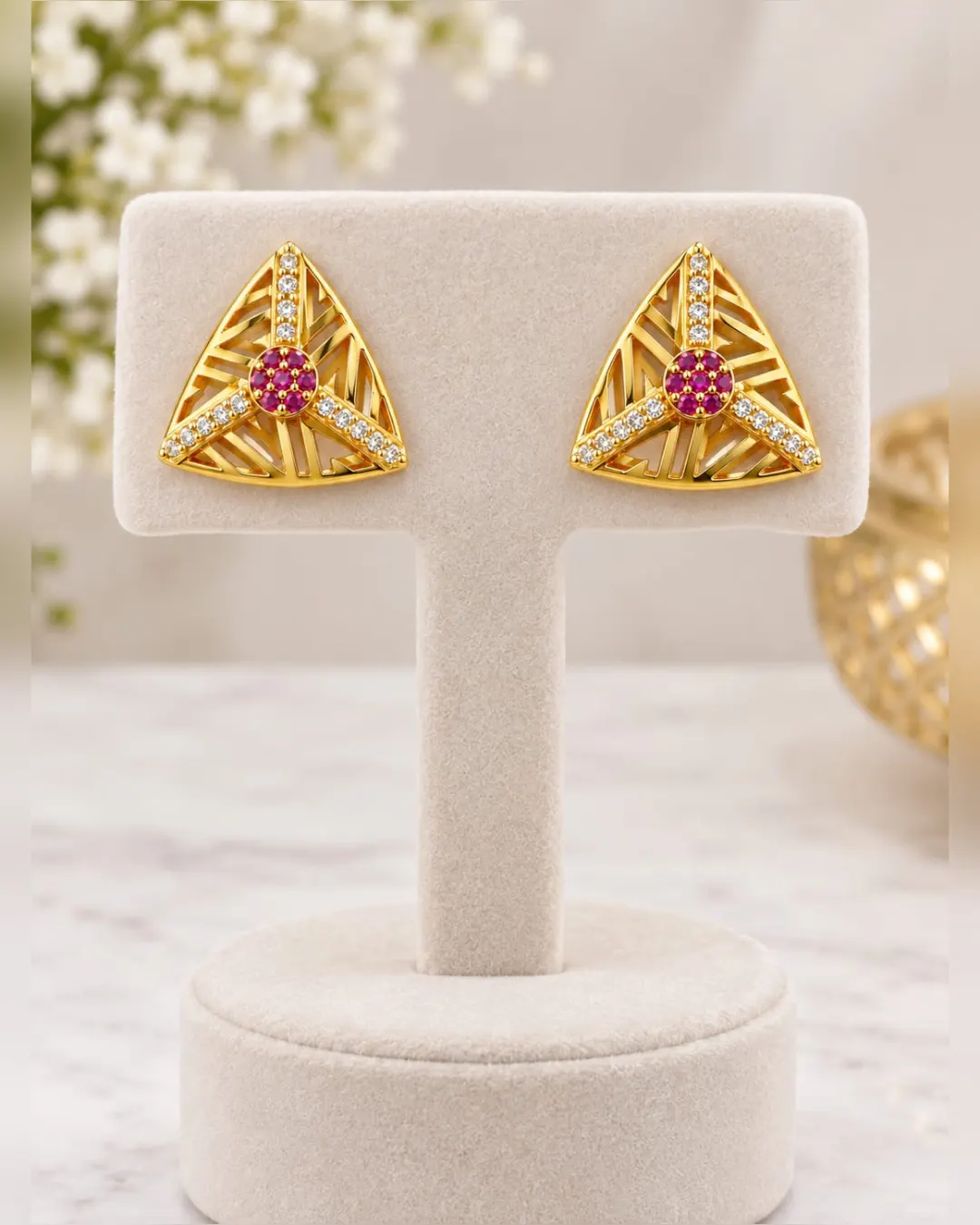 GOLDEN RUBY TRIANGLE SPARKLE STUD EARRINGS