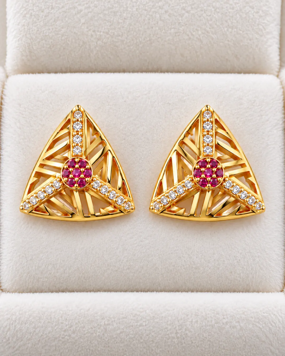 GOLDEN RUBY TRIANGLE SPARKLE STUD EARRINGS
