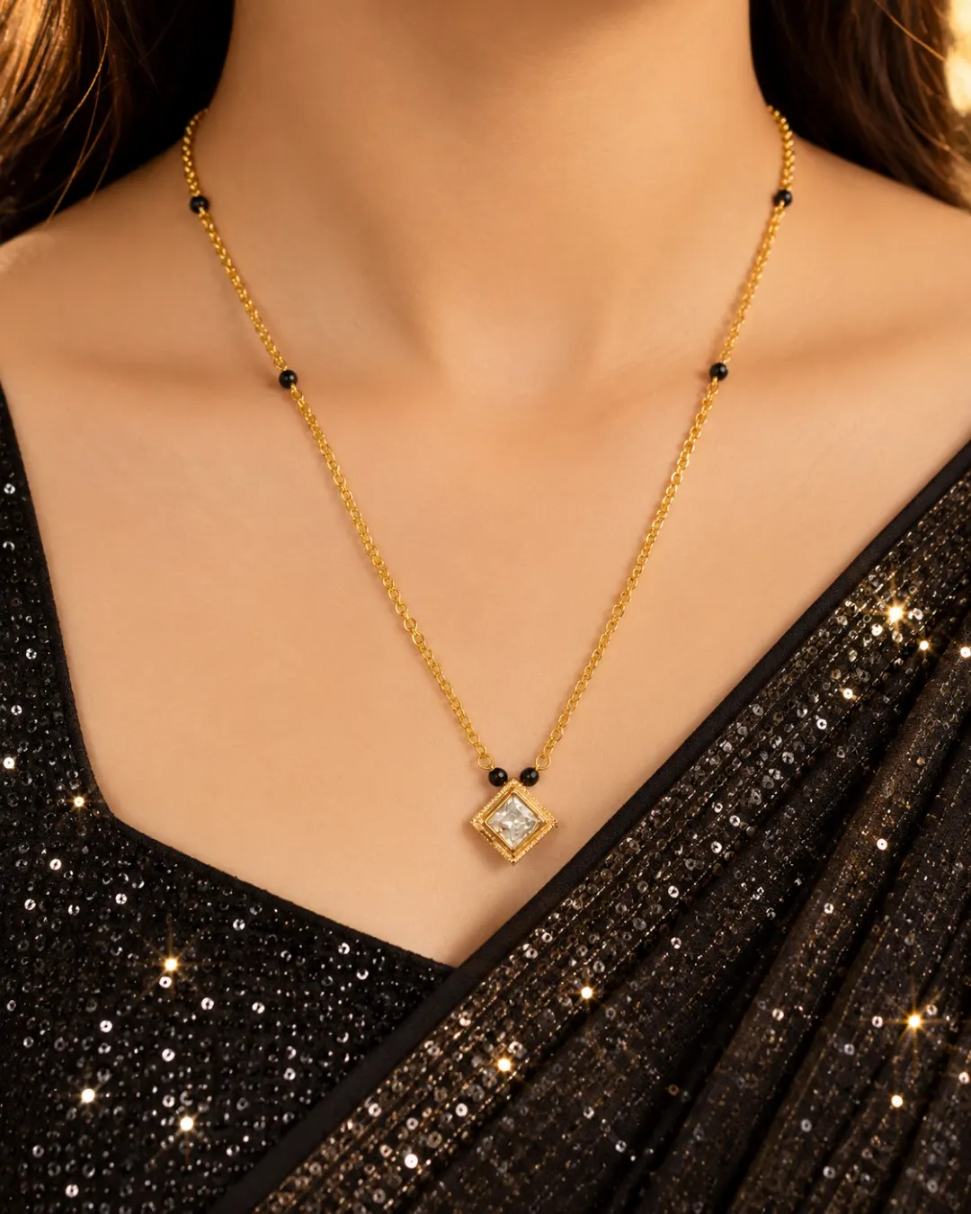 GOLD PLATED MINIMALIST BLACK BEADS MANGALSUTRA