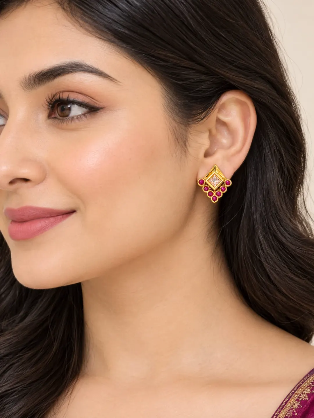 GOLDEN RUBY DIAMOND CHARM STUD EARRINGS