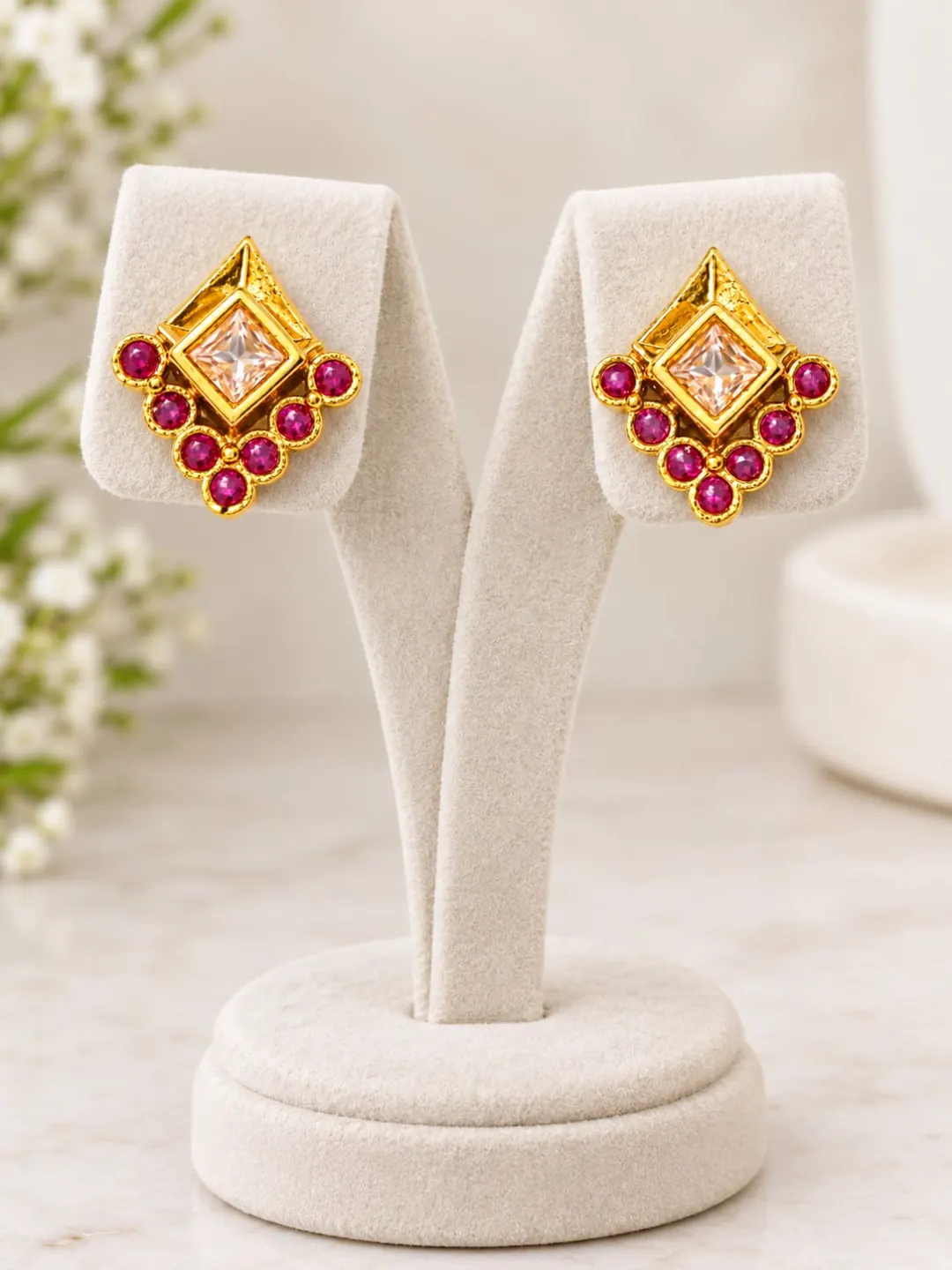 GOLDEN RUBY DIAMOND CHARM STUD EARRINGS