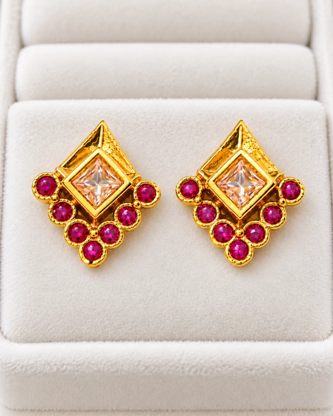 GOLDEN RUBY DIAMOND CHARM STUD EARRINGS