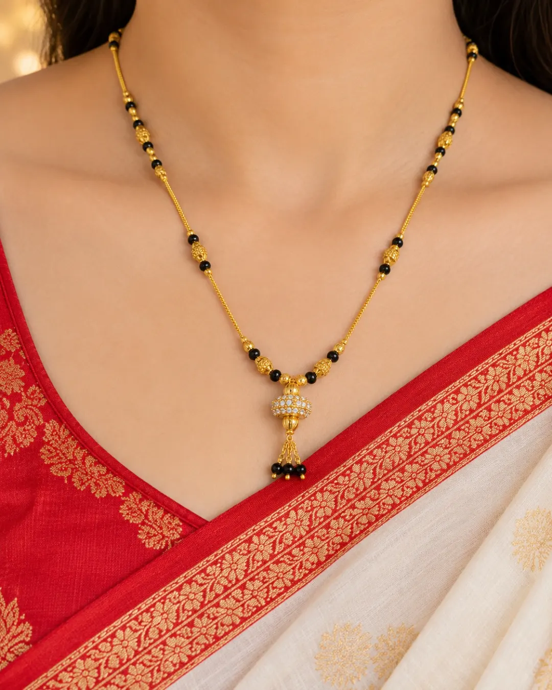 GOLD PLATED BLACK BEADS MANGALSUTRA WITH SPARKLING AD STONE TASSEL PENDANT