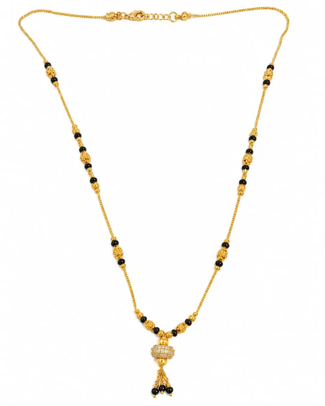GOLD PLATED BLACK BEADS MANGALSUTRA WITH SPARKLING AD STONE TASSEL PENDANT