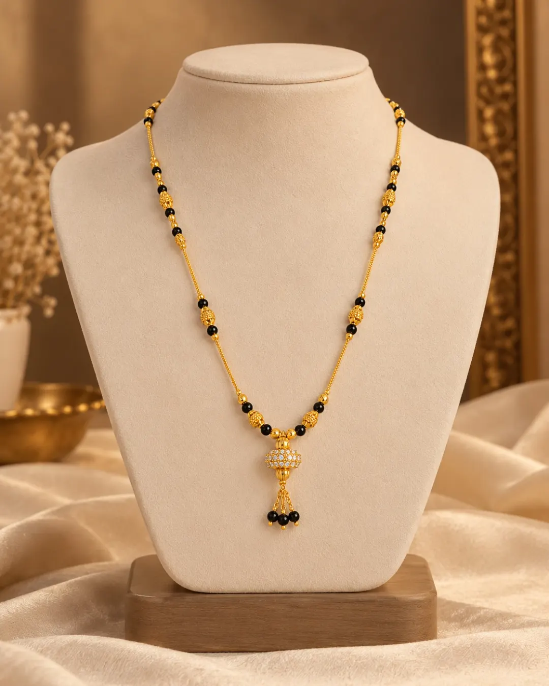 GOLD PLATED BLACK BEADS MANGALSUTRA WITH SPARKLING AD STONE TASSEL PENDANT