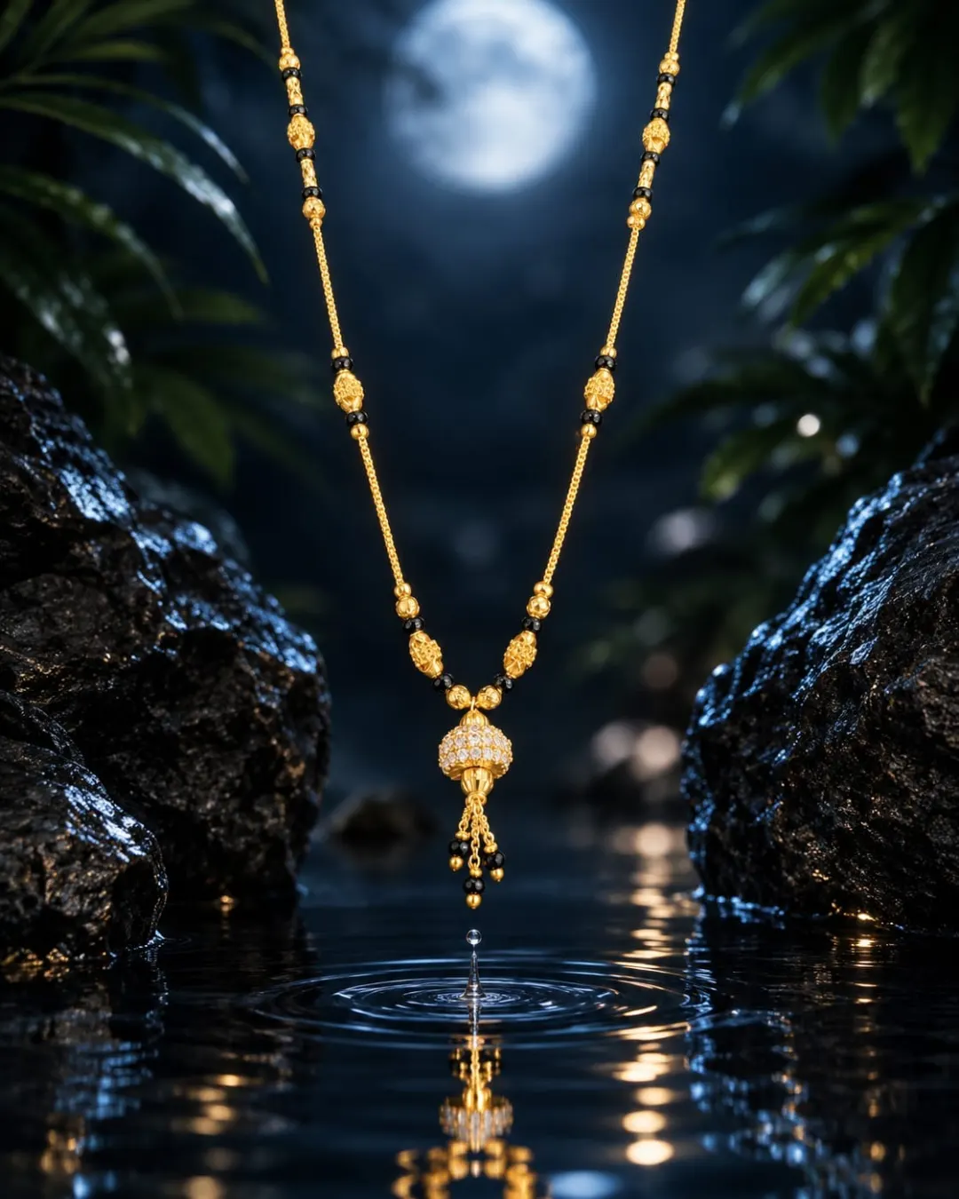 GOLD PLATED BLACK BEADS MANGALSUTRA WITH SPARKLING AD STONE TASSEL PENDANT