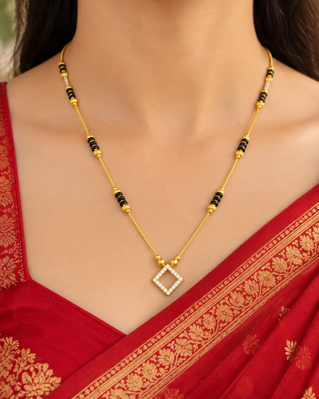 GOLD PLATED BLACK BEADS MANGALSUTRA DIAMOND SHAPED PENDANT