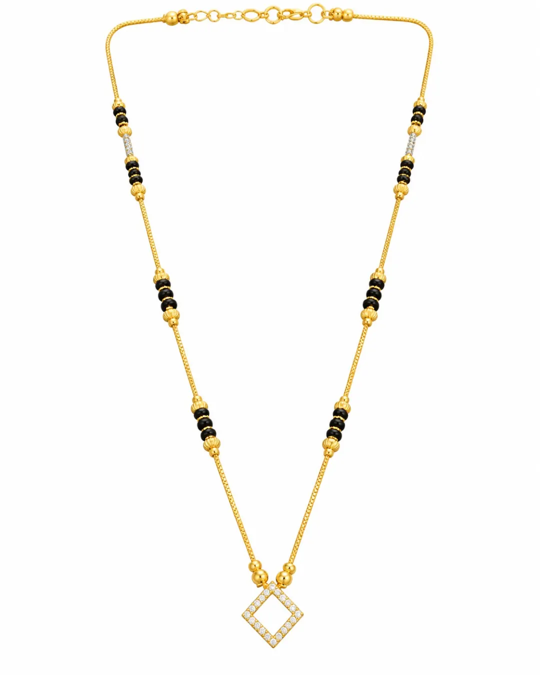 GOLD PLATED BLACK BEADS MANGALSUTRA DIAMOND SHAPED PENDANT
