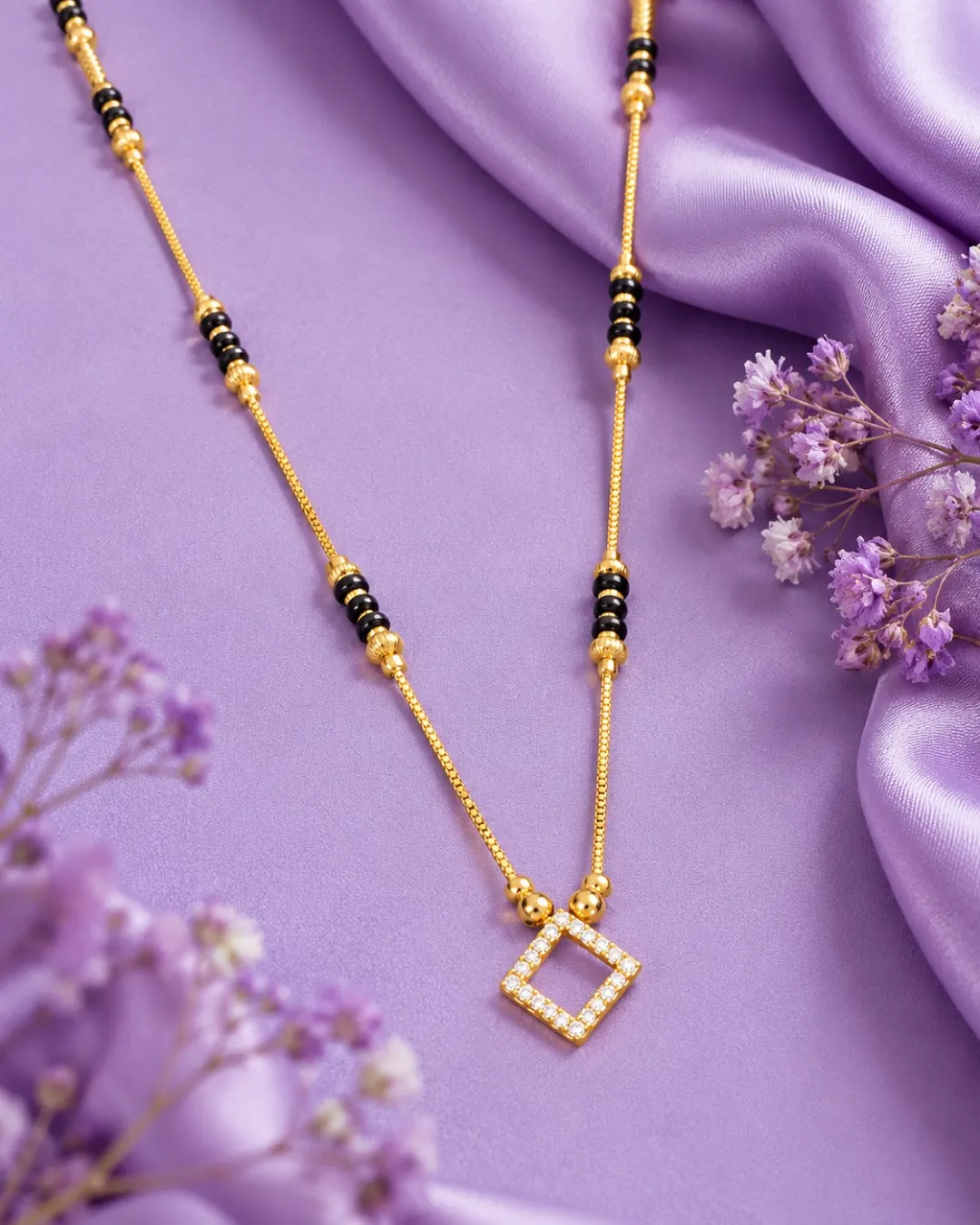 GOLD PLATED BLACK BEADS MANGALSUTRA DIAMOND SHAPED PENDANT