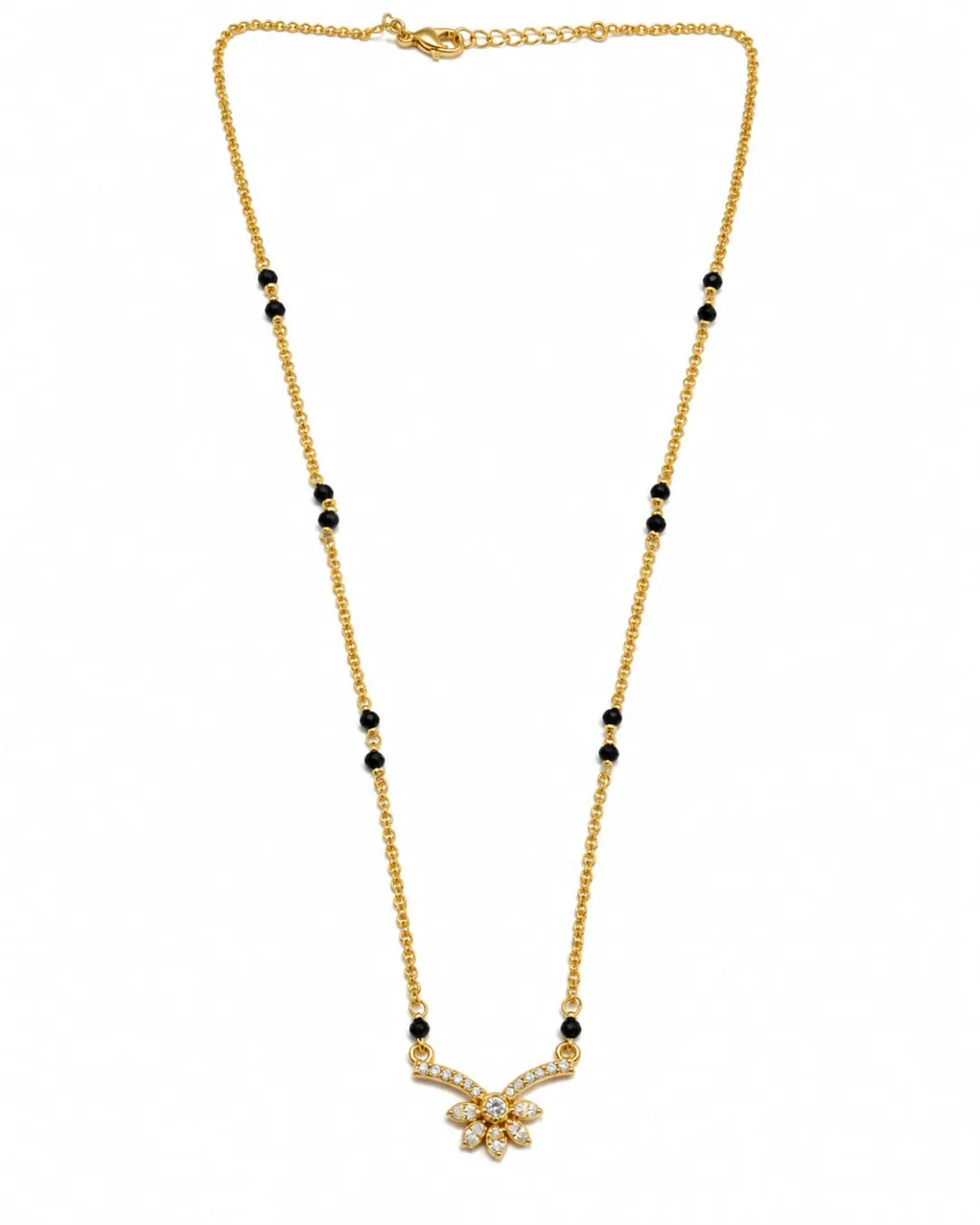 GOLD PLATED BLACK BEADS MANGALSUTRA WITH SPARKLING AD STONES FLORAL PENDANT
