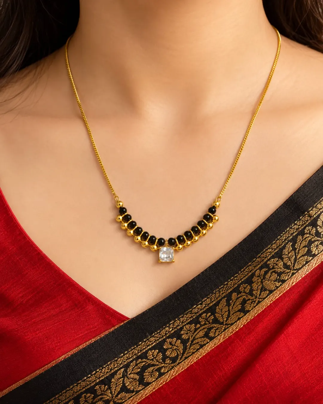GOLDEN BLACK BEAD SQUARE CRYSTAL MANGALSUTRA