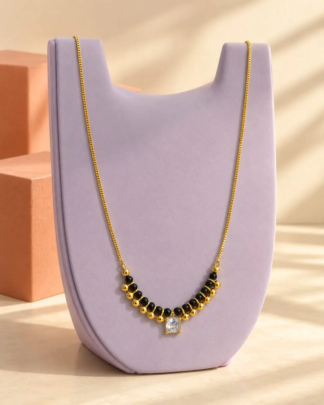 GOLDEN BLACK BEAD SQUARE CRYSTAL MANGALSUTRA