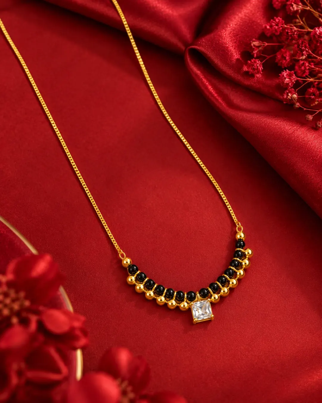 GOLDEN BLACK BEAD SQUARE CRYSTAL MANGALSUTRA