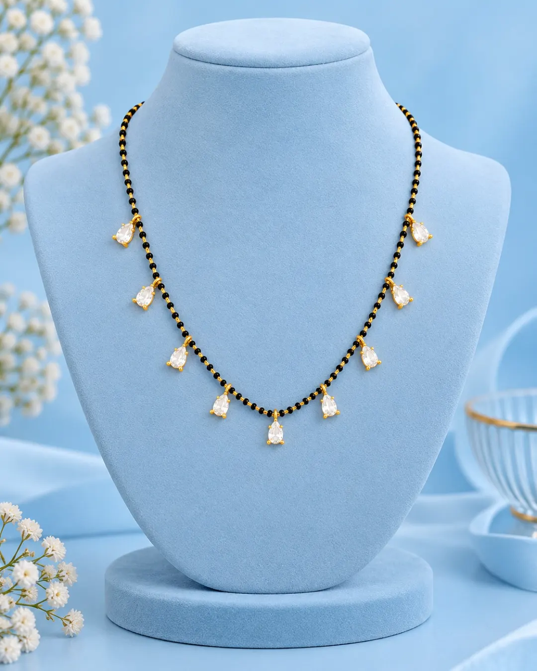 CRYSTAL TEARDROP BLACK BEAD MANGALSUTRA