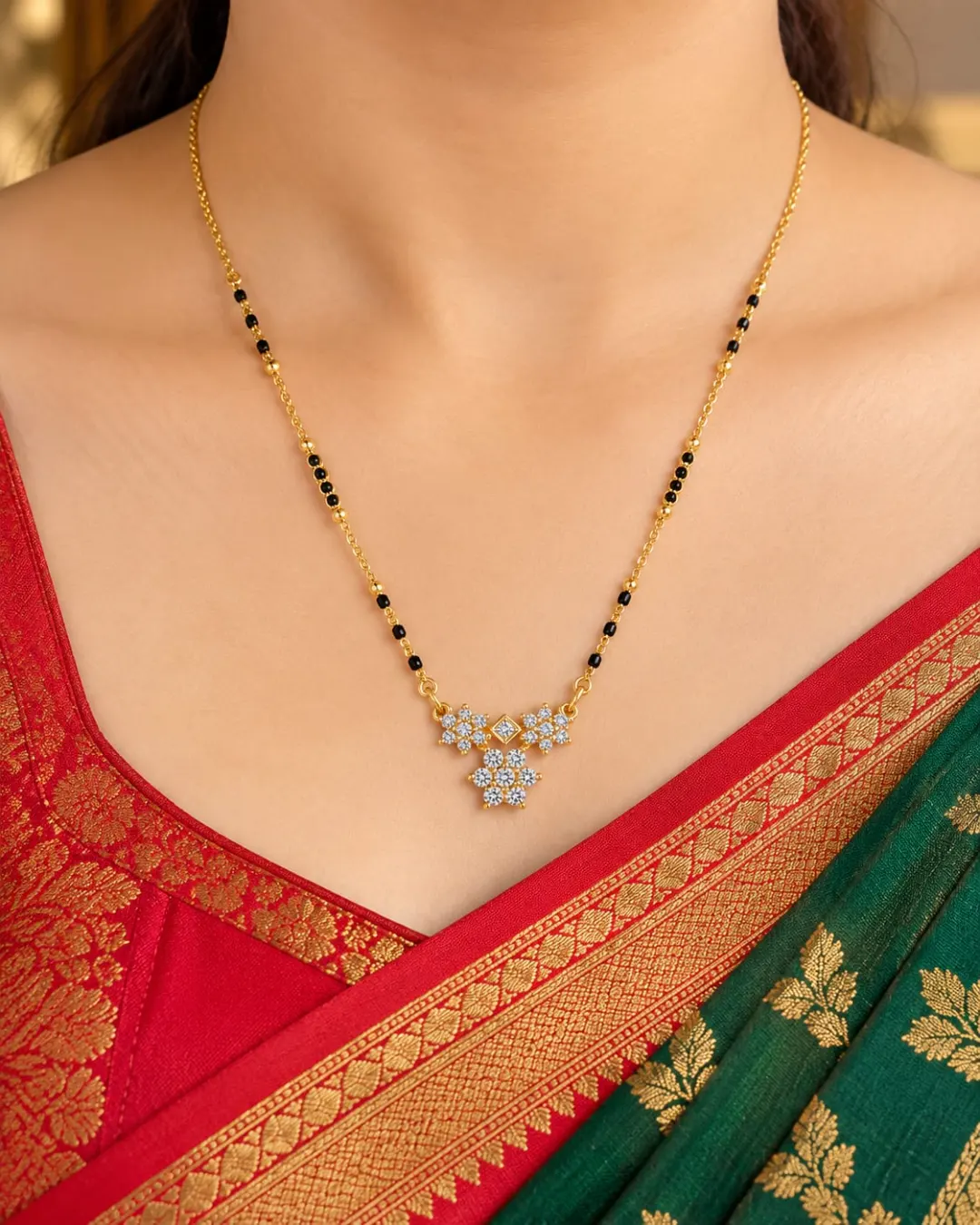 GOLD PLATED BLACK BEADS THREE STAR DESIGN PENDANT MANGALSUTRA