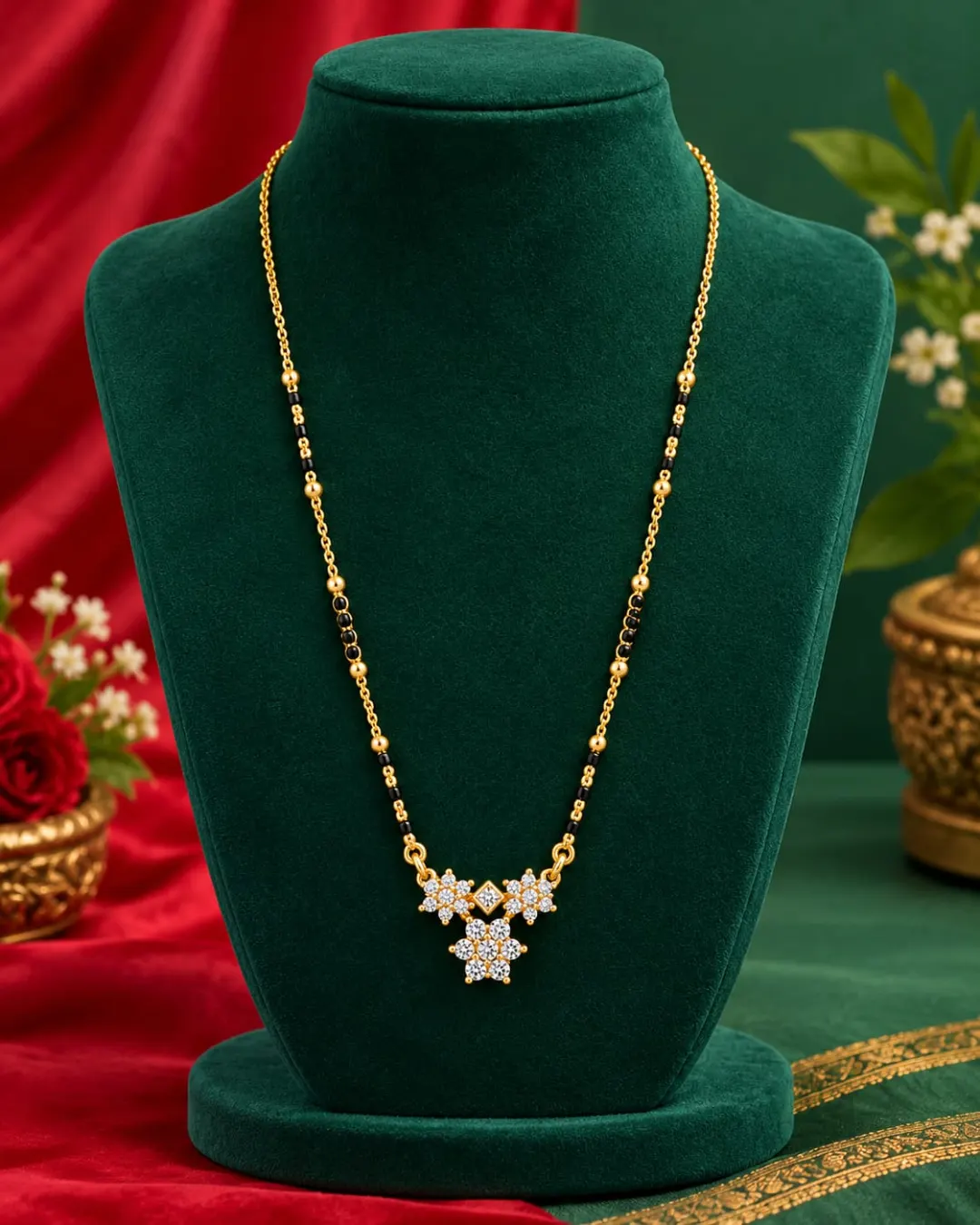 GOLD PLATED BLACK BEADS THREE STAR DESIGN PENDANT MANGALSUTRA