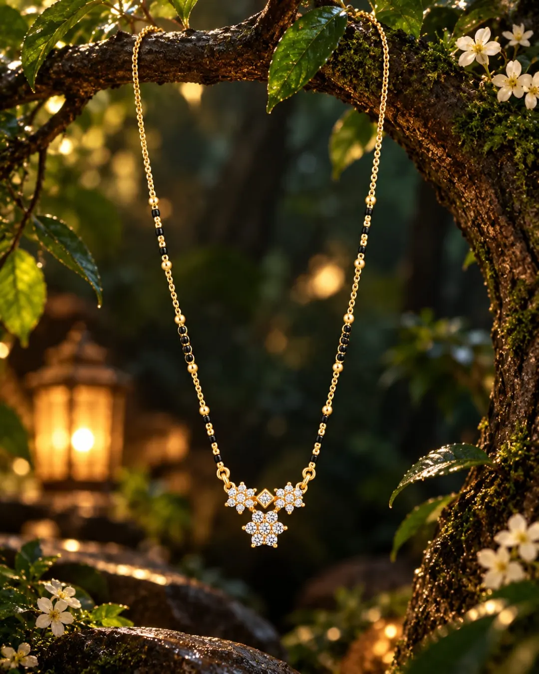 GOLD PLATED BLACK BEADS THREE STAR DESIGN PENDANT MANGALSUTRA