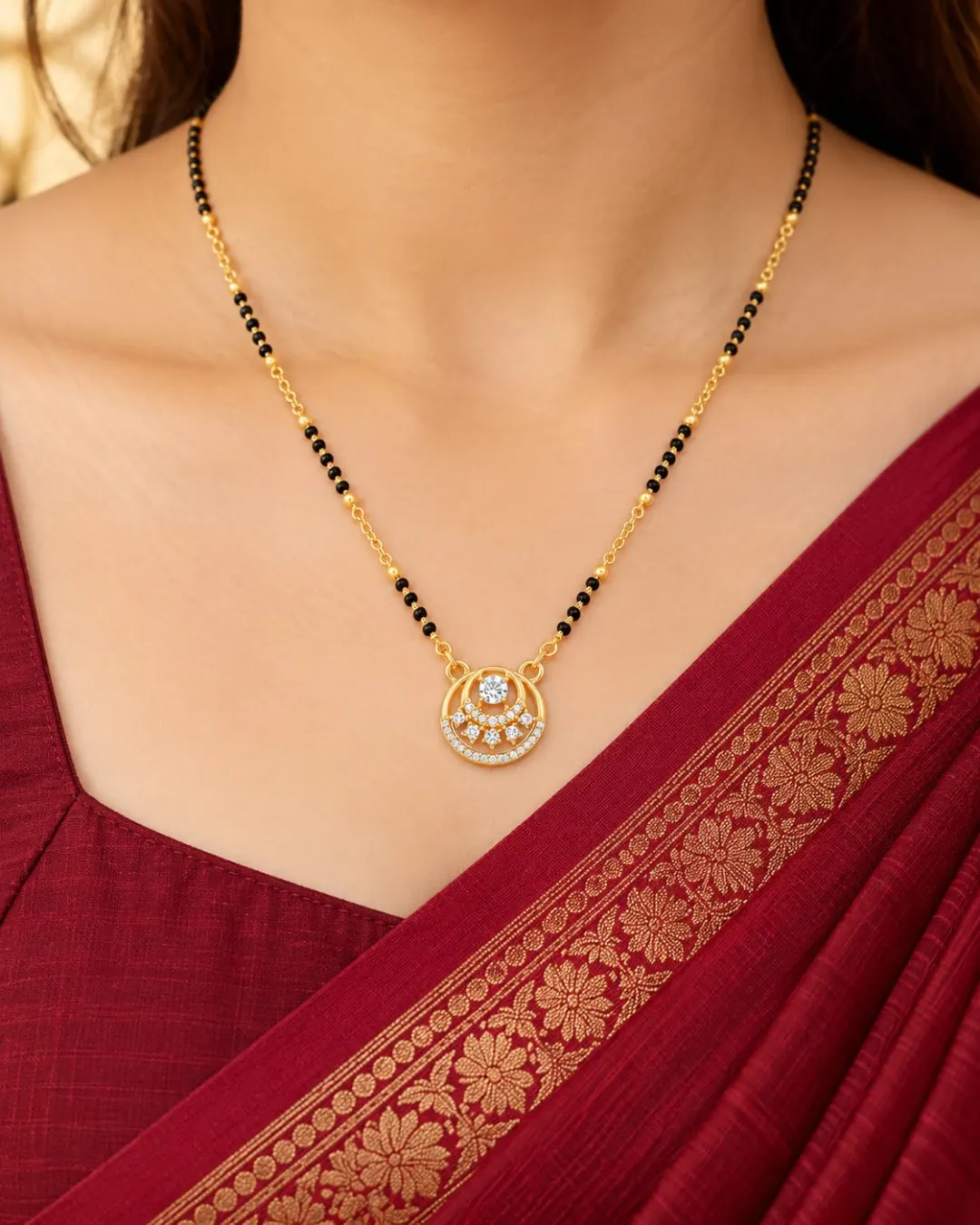 GOLD PLATED SPARKLING ROUND PENDANT MANGALSUTRA