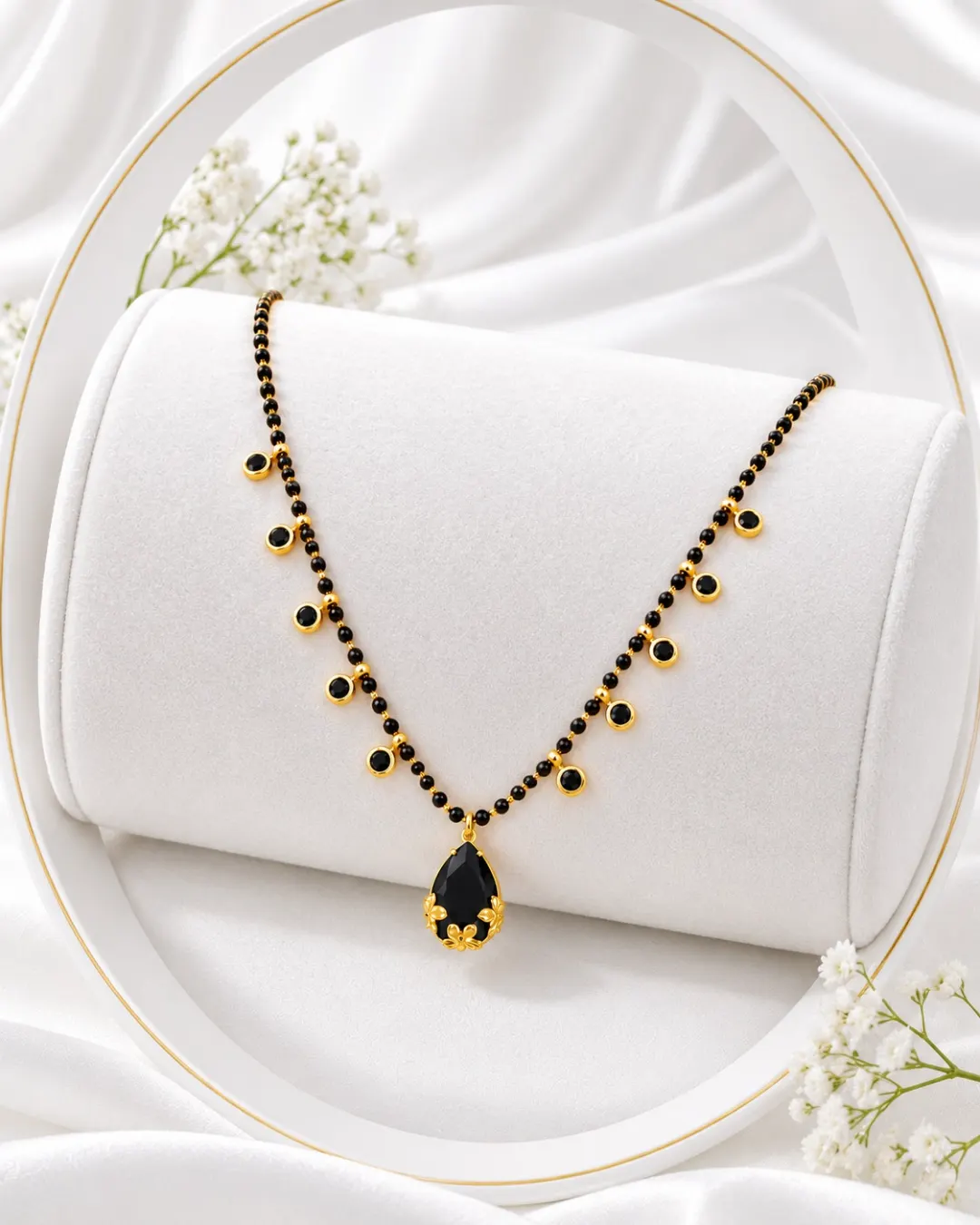 GOLD PLATED BLACK BEADS DROP MANGALSUTRA